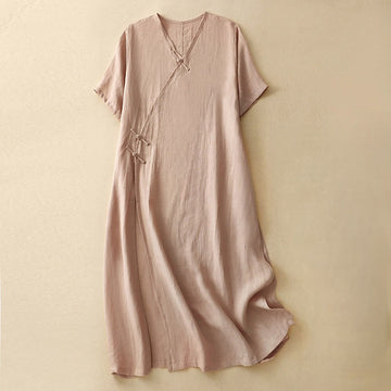 Summer V-Neck Frog-Button Short Sleeve Cotton Linen Women's Midi Dress