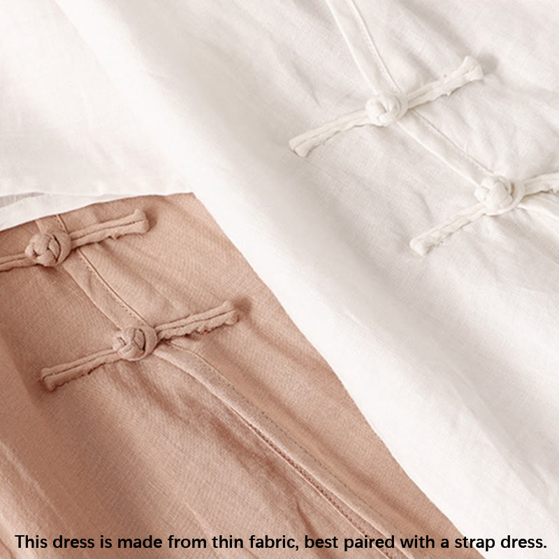 Summer V-Neck Frog-Button Short Sleeve Cotton Linen Women's Midi Dress