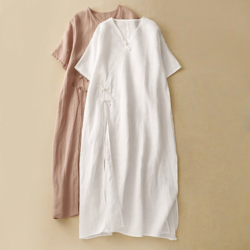 Summer V-Neck Frog-Button Short Sleeve Cotton Linen Women's Midi Dress
