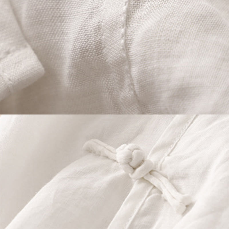 Summer V-Neck Frog-Button Short Sleeve Cotton Linen Women's Midi Dress