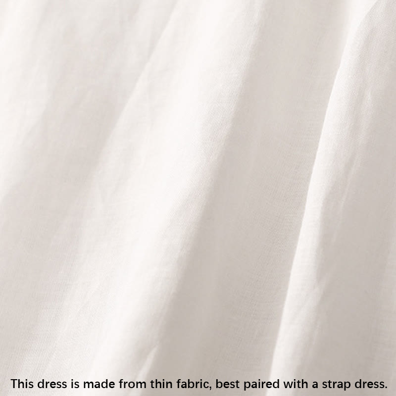 Summer V-Neck Frog-Button Short Sleeve Cotton Linen Women's Midi Dress