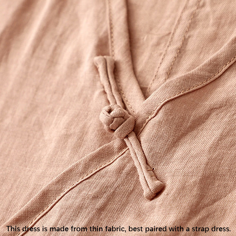 Summer V-Neck Frog-Button Short Sleeve Cotton Linen Women's Midi Dress