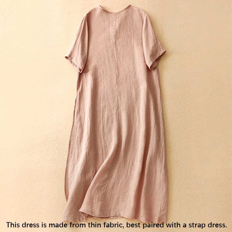 Summer V-Neck Frog-Button Short Sleeve Cotton Linen Women's Midi Dress
