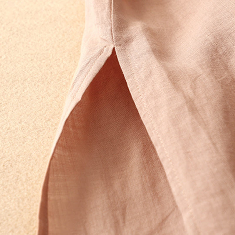 Summer V-Neck Frog-Button Short Sleeve Cotton Linen Women's Midi Dress
