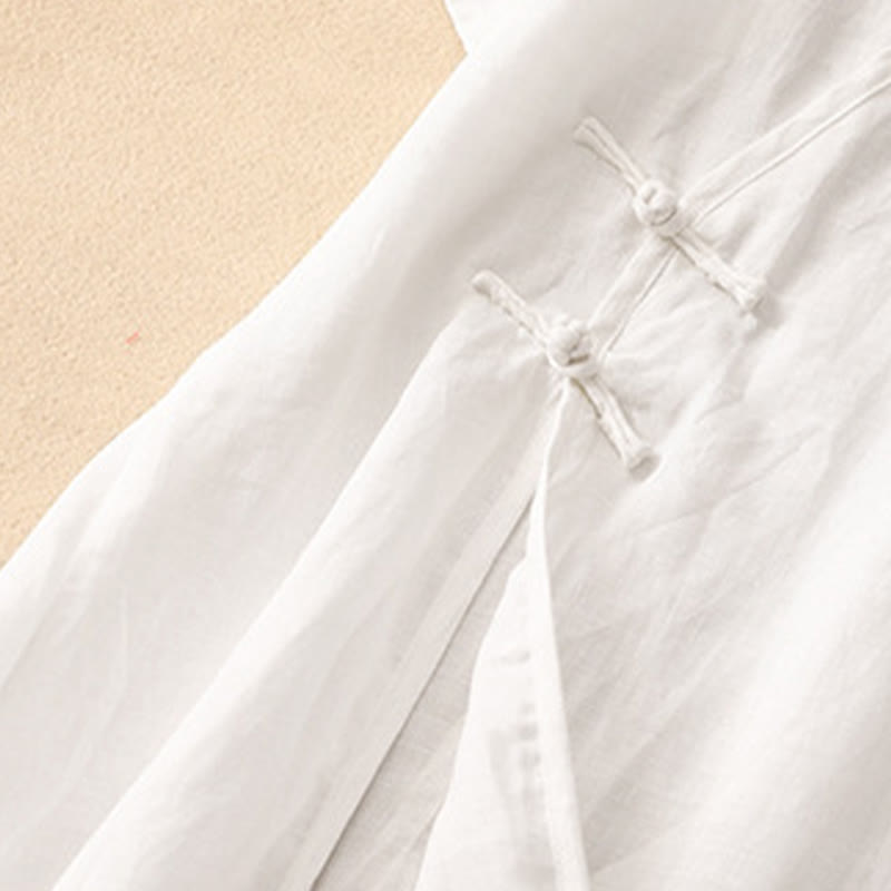 Summer V-Neck Frog-Button Short Sleeve Cotton Linen Women's Midi Dress