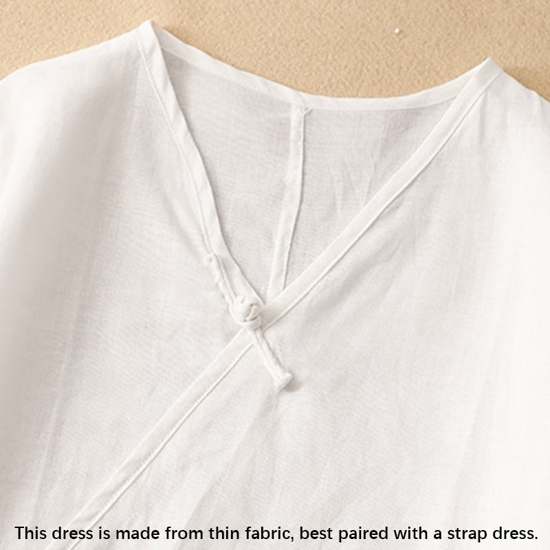 Summer V-Neck Frog-Button Short Sleeve Cotton Linen Women's Midi Dress
