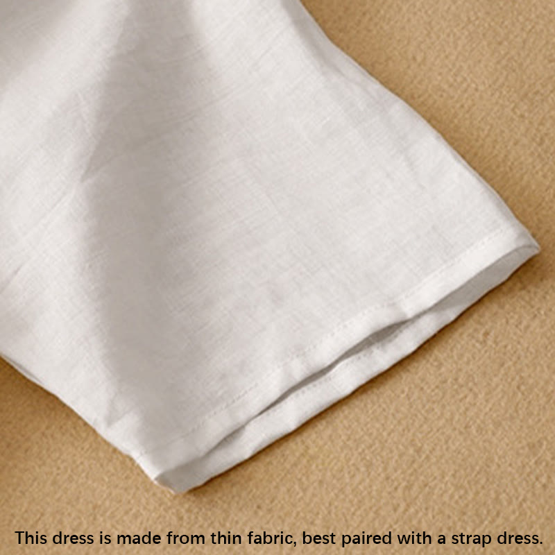 Summer V-Neck Frog-Button Short Sleeve Cotton Linen Women's Midi Dress