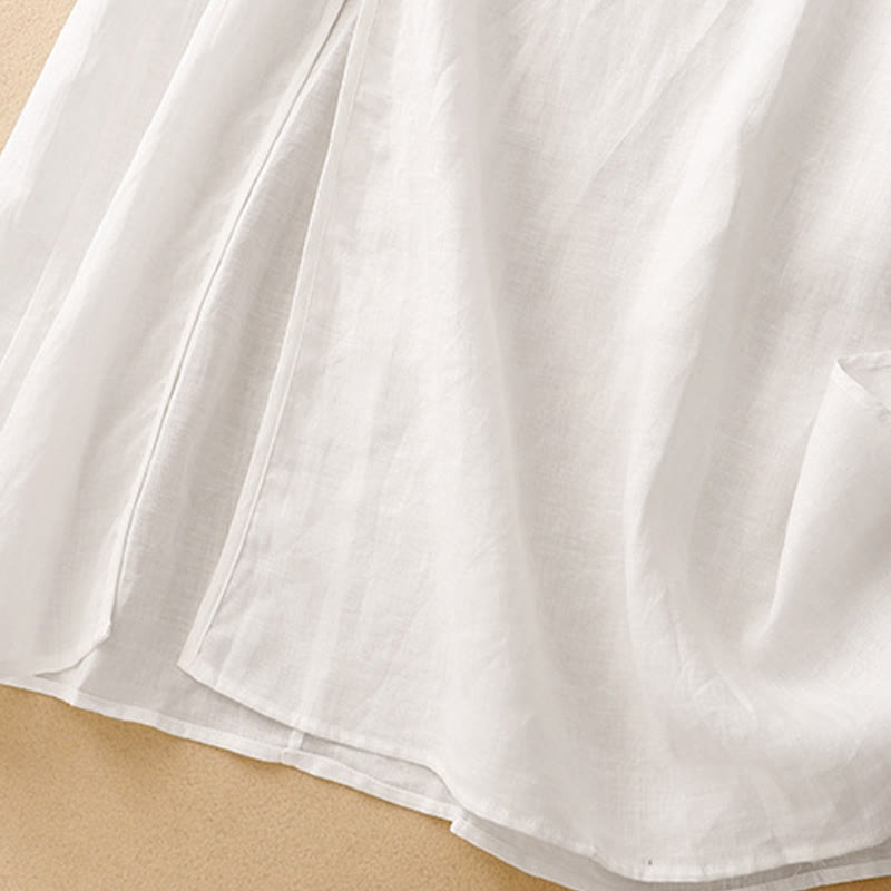 Summer V-Neck Frog-Button Short Sleeve Cotton Linen Women's Midi Dress