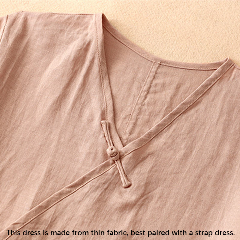 Summer V-Neck Frog-Button Short Sleeve Cotton Linen Women's Midi Dress