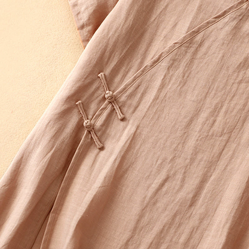 Summer V-Neck Frog-Button Short Sleeve Cotton Linen Women's Midi Dress
