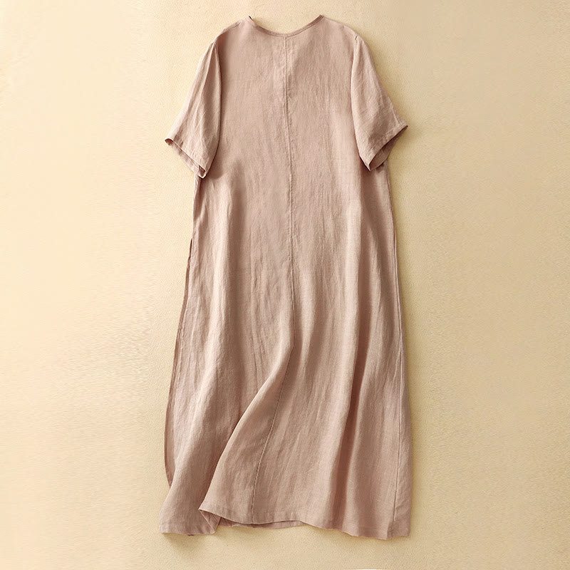 Summer V-Neck Frog-Button Short Sleeve Cotton Linen Women's Midi Dress