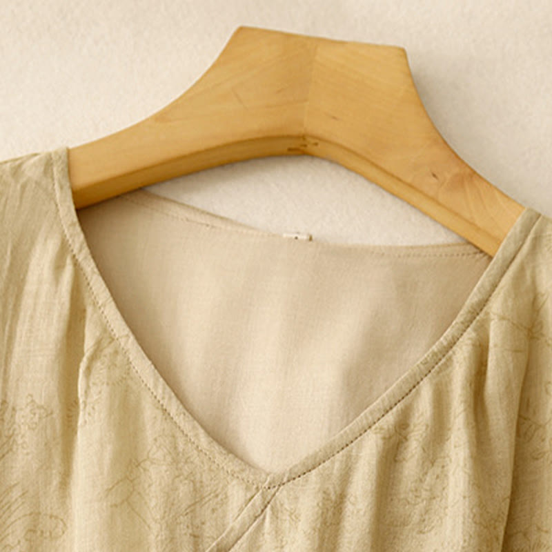 Summer V-Neck Lace-up Short Sleeve Cotton Linen Women's Midi Dress With Pockets