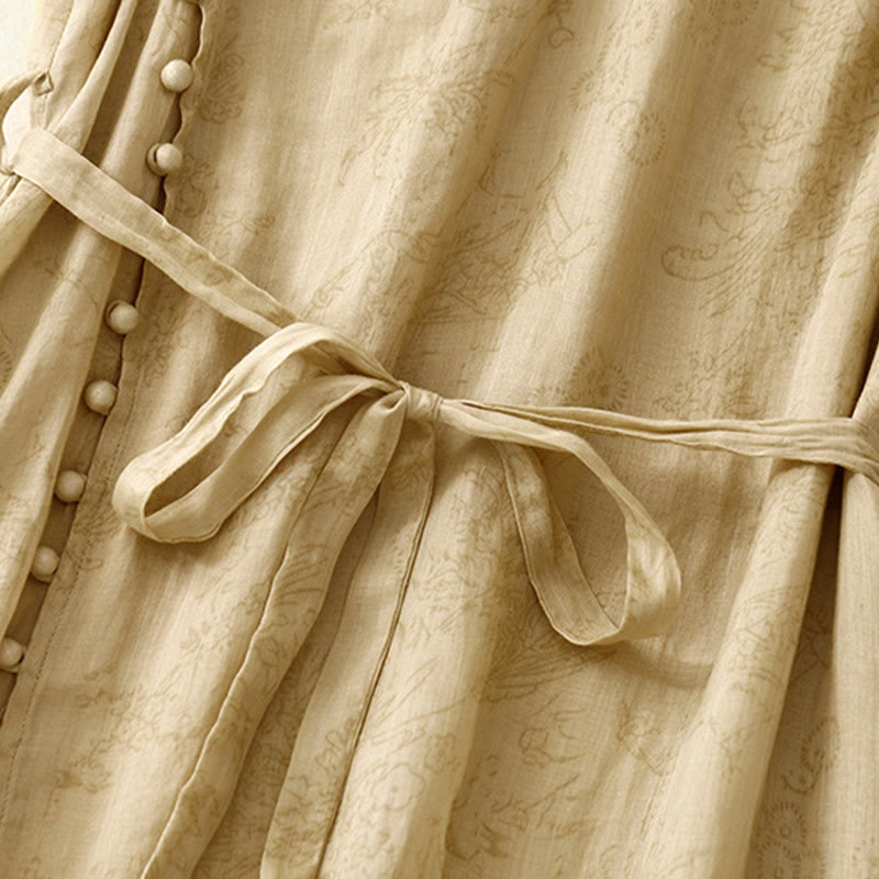 Summer V-Neck Lace-up Short Sleeve Cotton Linen Women's Midi Dress With Pockets