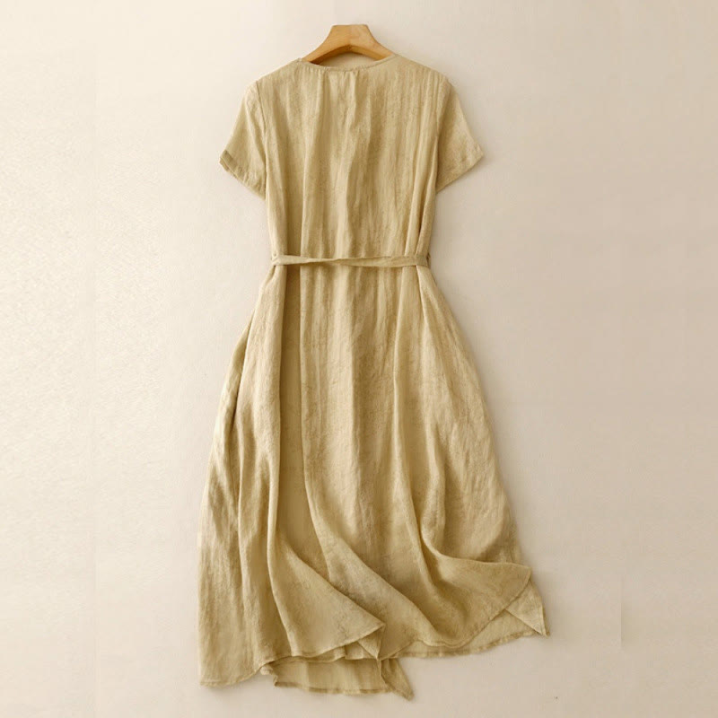 Summer V-Neck Lace-up Short Sleeve Cotton Linen Women's Midi Dress With Pockets