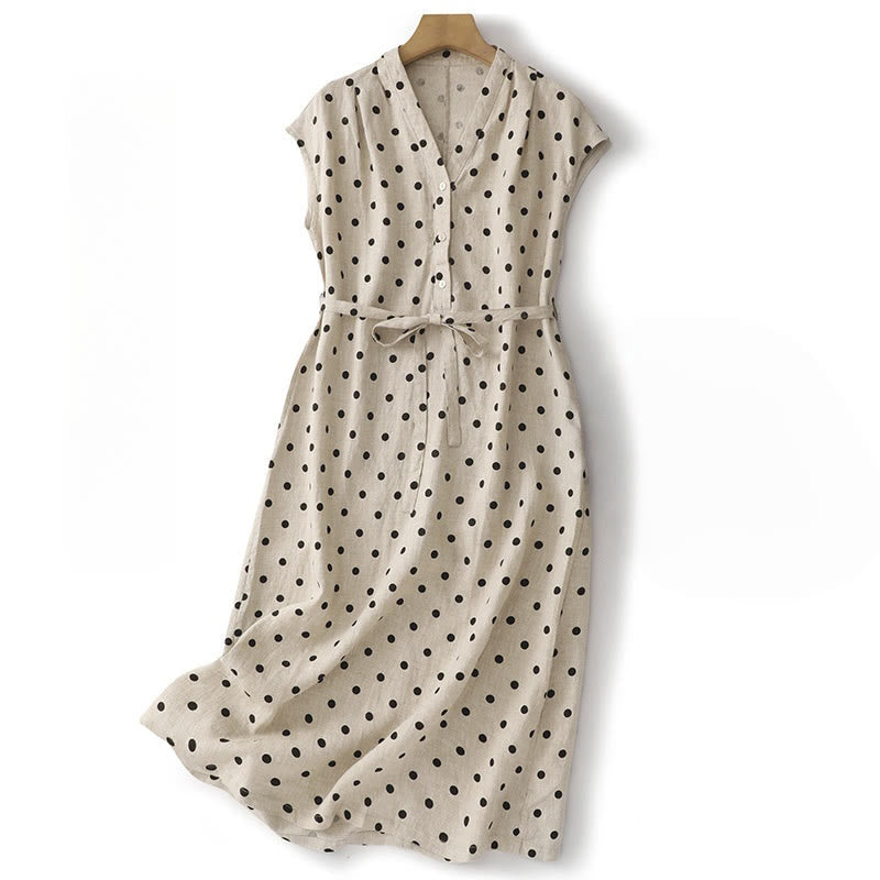 Breathable Cotton Linen V-Neck Lace-Up Midi Dress for Mindful Living