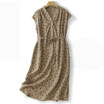 Breathable Cotton Linen V-Neck Lace-Up Midi Dress for Mindful Living