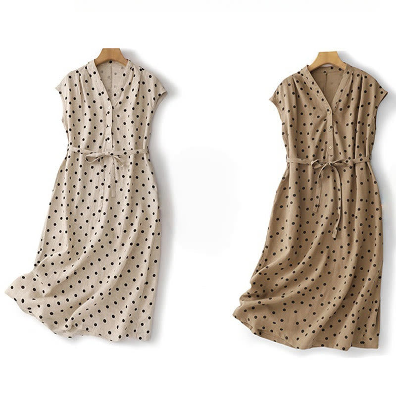 Breathable Cotton Linen V-Neck Lace-Up Midi Dress for Mindful Living