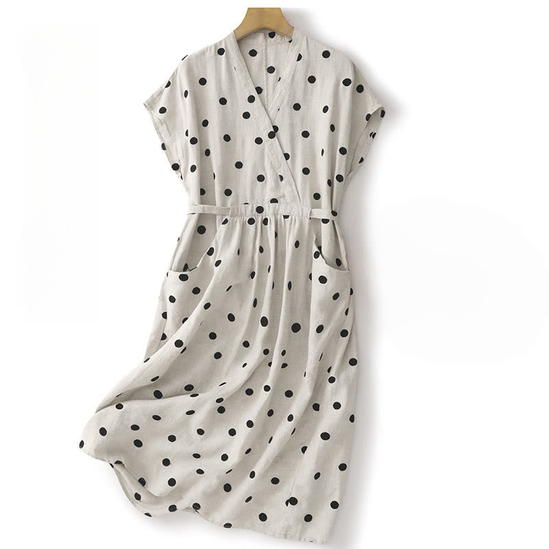 Breathable Cotton Linen Polka Dot Grounding Midi Dress with Pockets