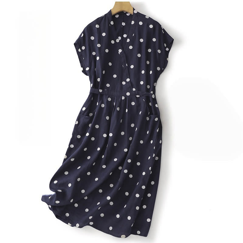 Breathable Cotton Linen Polka Dot Grounding Midi Dress with Pockets