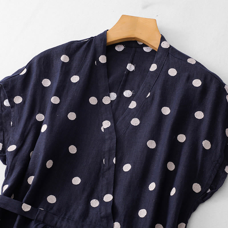 Breathable Cotton Linen Polka Dot Grounding Midi Dress with Pockets