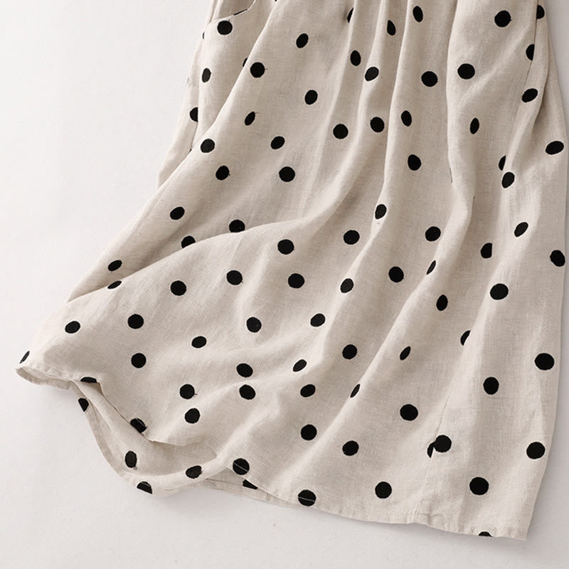 Breathable Cotton Linen Polka Dot Grounding Midi Dress with Pockets