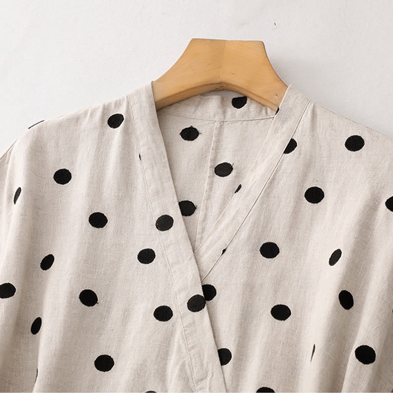 Breathable Cotton Linen Polka Dot Grounding Midi Dress with Pockets