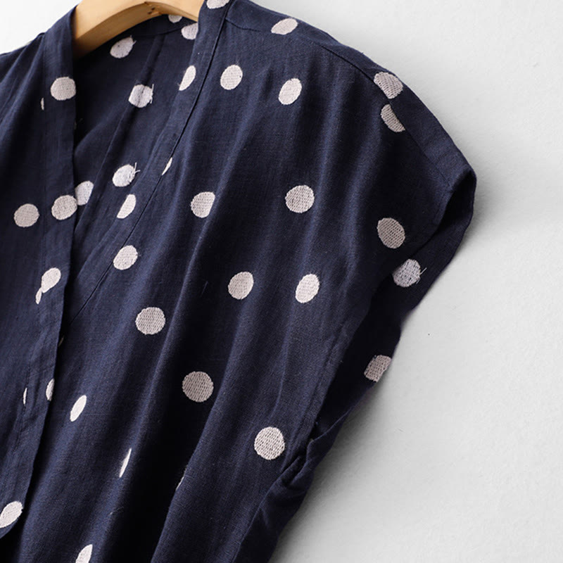 Breathable Cotton Linen Polka Dot Grounding Midi Dress with Pockets