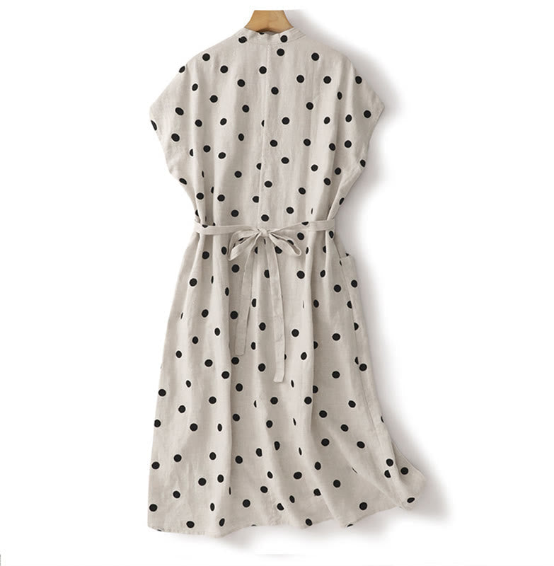 Breathable Cotton Linen Polka Dot Grounding Midi Dress with Pockets