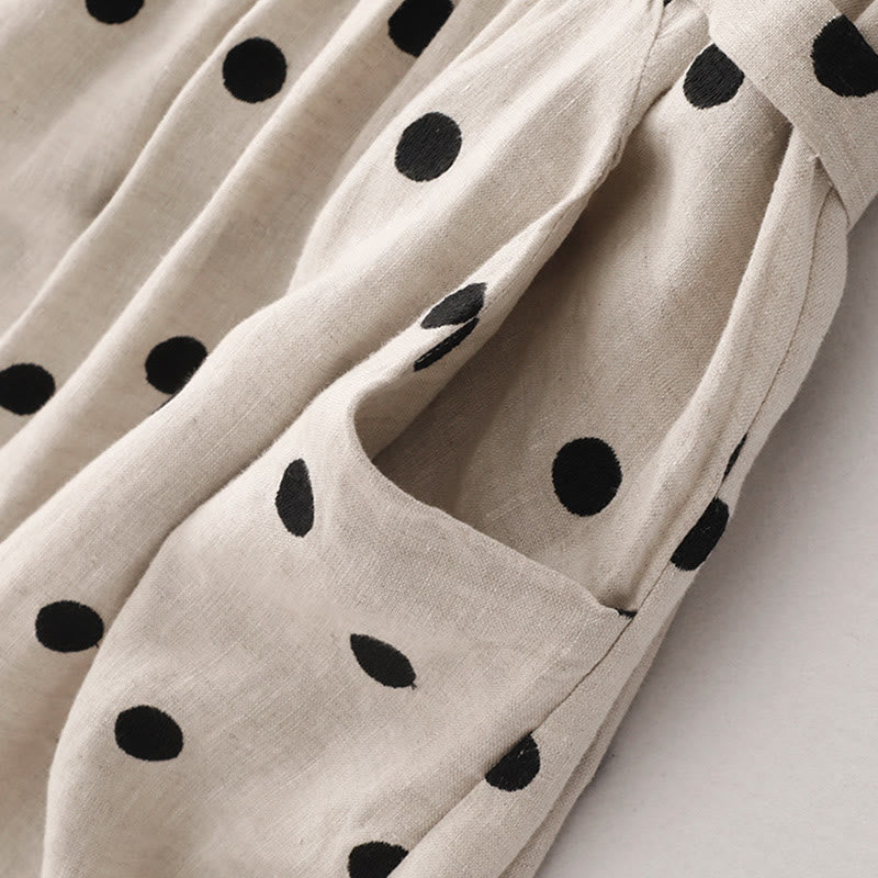 Breathable Cotton Linen Polka Dot Grounding Midi Dress with Pockets