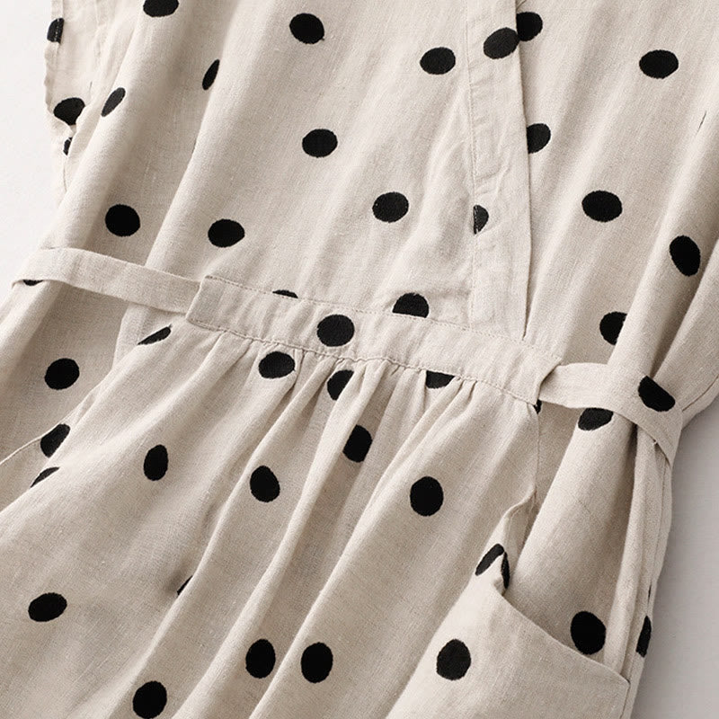 Breathable Cotton Linen Polka Dot Grounding Midi Dress with Pockets