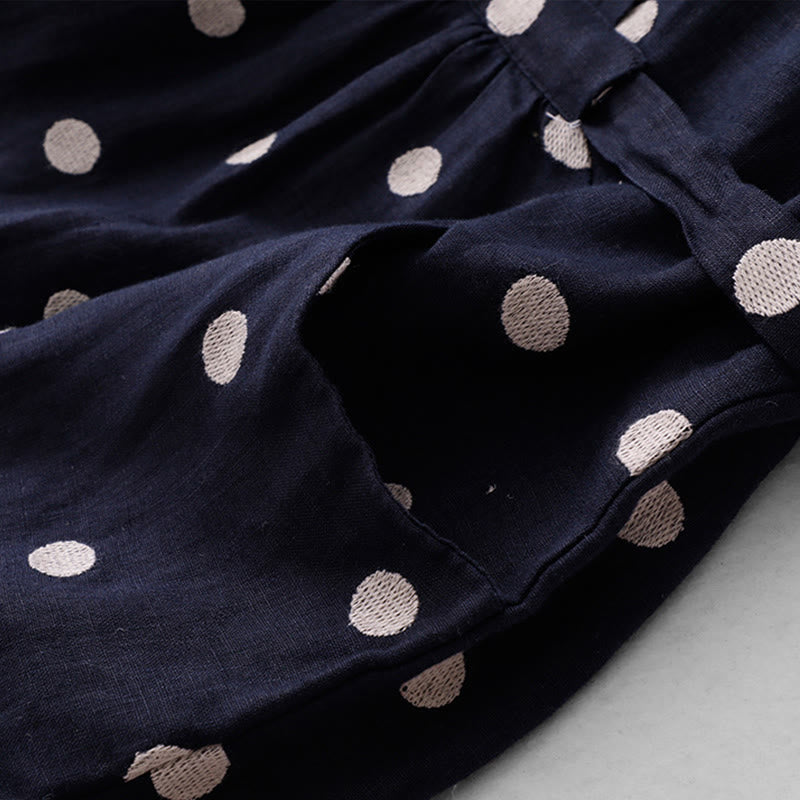 Breathable Cotton Linen Polka Dot Grounding Midi Dress with Pockets
