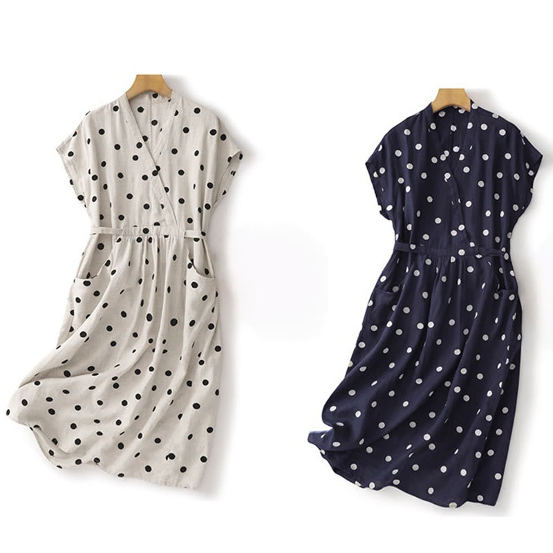 Breathable Cotton Linen Polka Dot Grounding Midi Dress with Pockets
