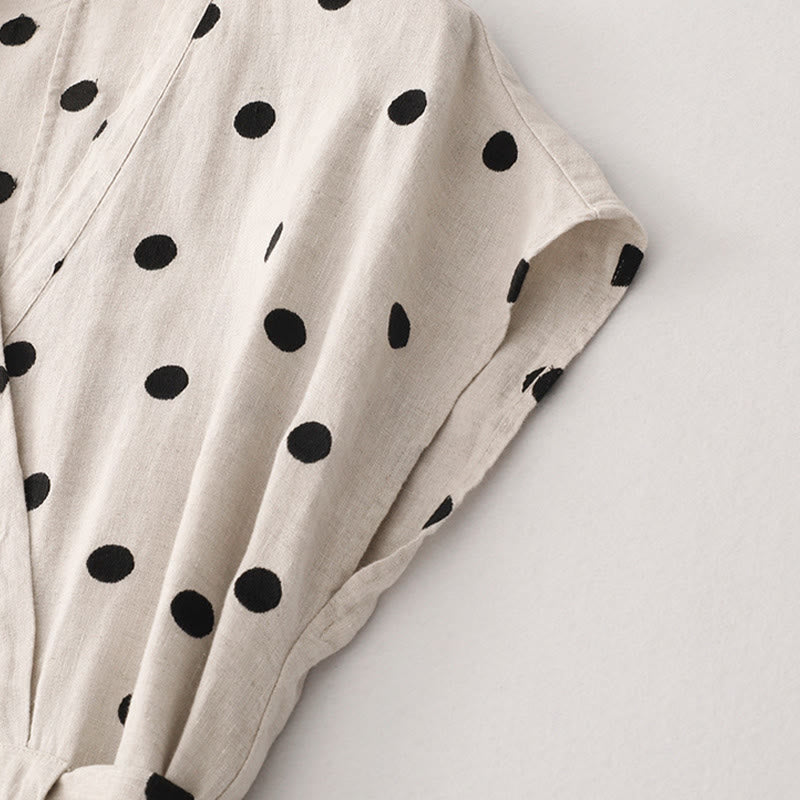 Breathable Cotton Linen Polka Dot Grounding Midi Dress with Pockets