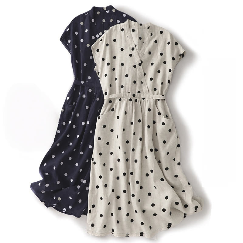 Breathable Cotton Linen Polka Dot Grounding Midi Dress with Pockets