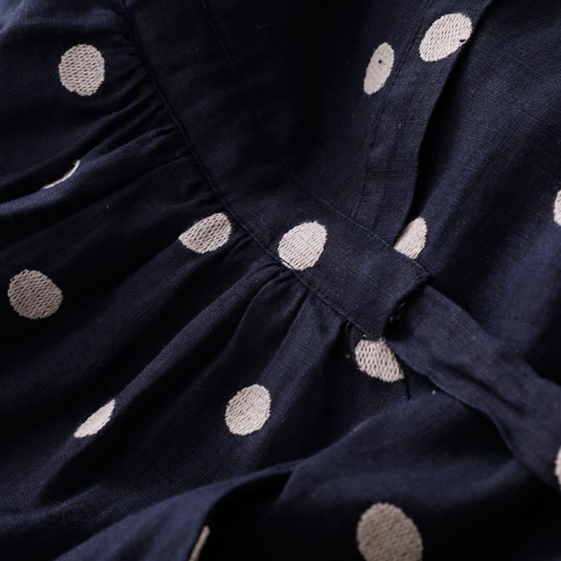 Breathable Cotton Linen Polka Dot Grounding Midi Dress with Pockets