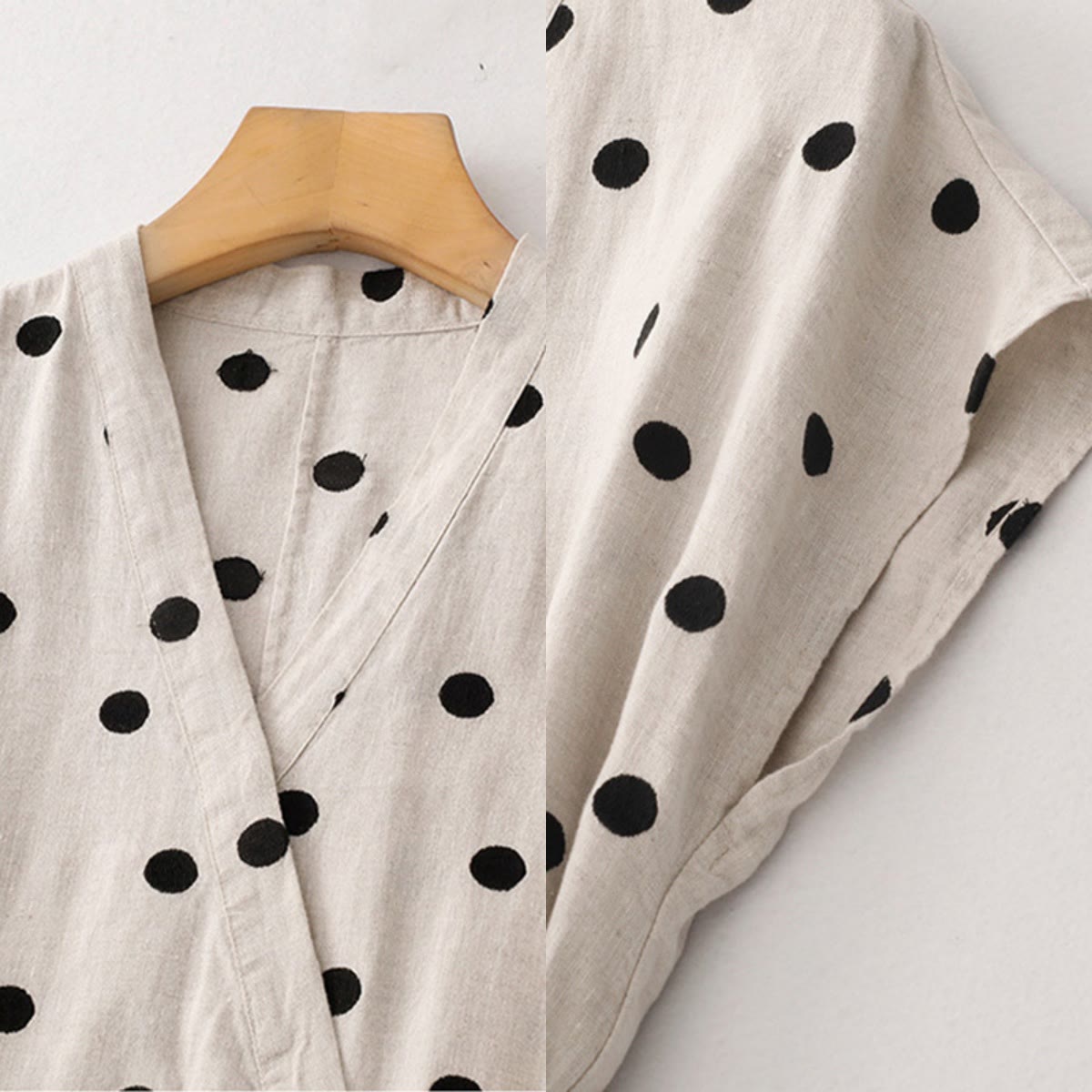 Breathable Cotton Linen Polka Dot Grounding Midi Dress with Pockets