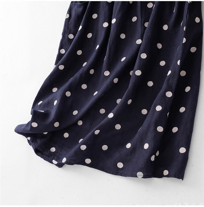 Breathable Cotton Linen Polka Dot Grounding Midi Dress with Pockets