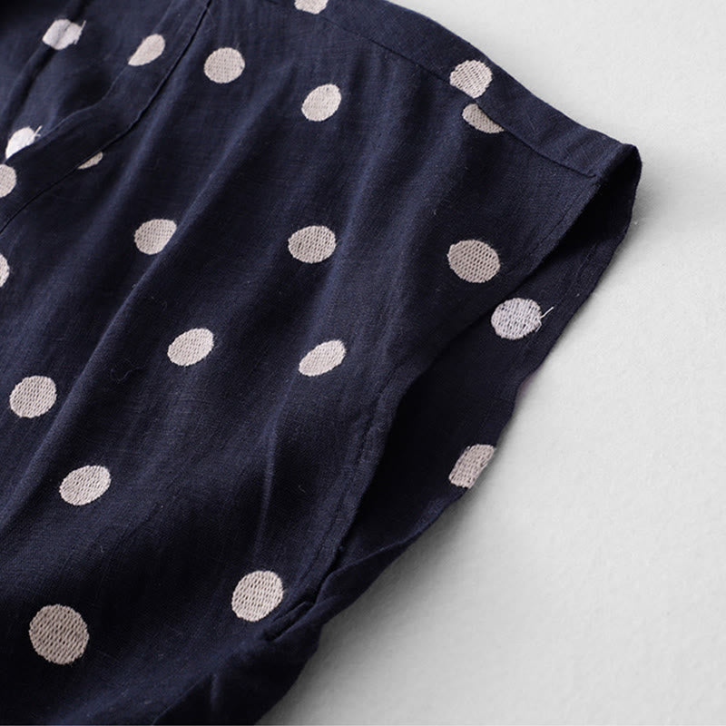 Breathable Cotton Linen Polka Dot Grounding Midi Dress with Pockets