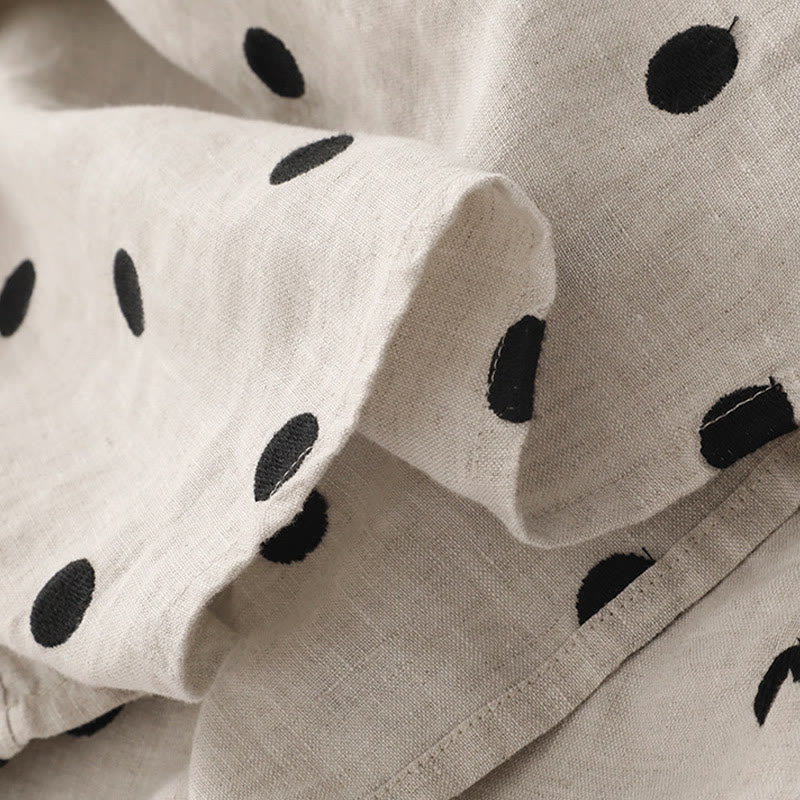 Breathable Cotton Linen Polka Dot Grounding Midi Dress with Pockets