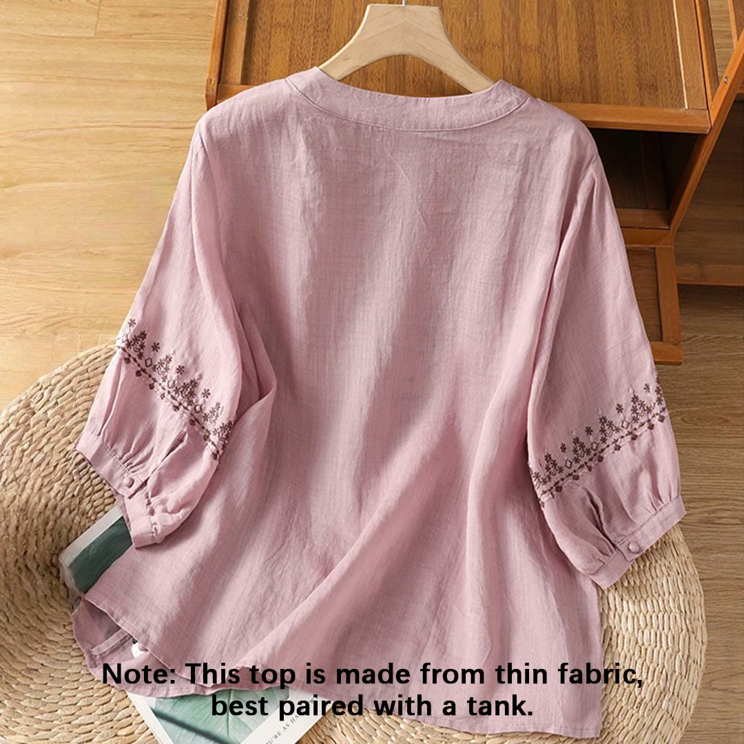 Tactile Cotton Embroidered Crew Neck Meditation Shirt