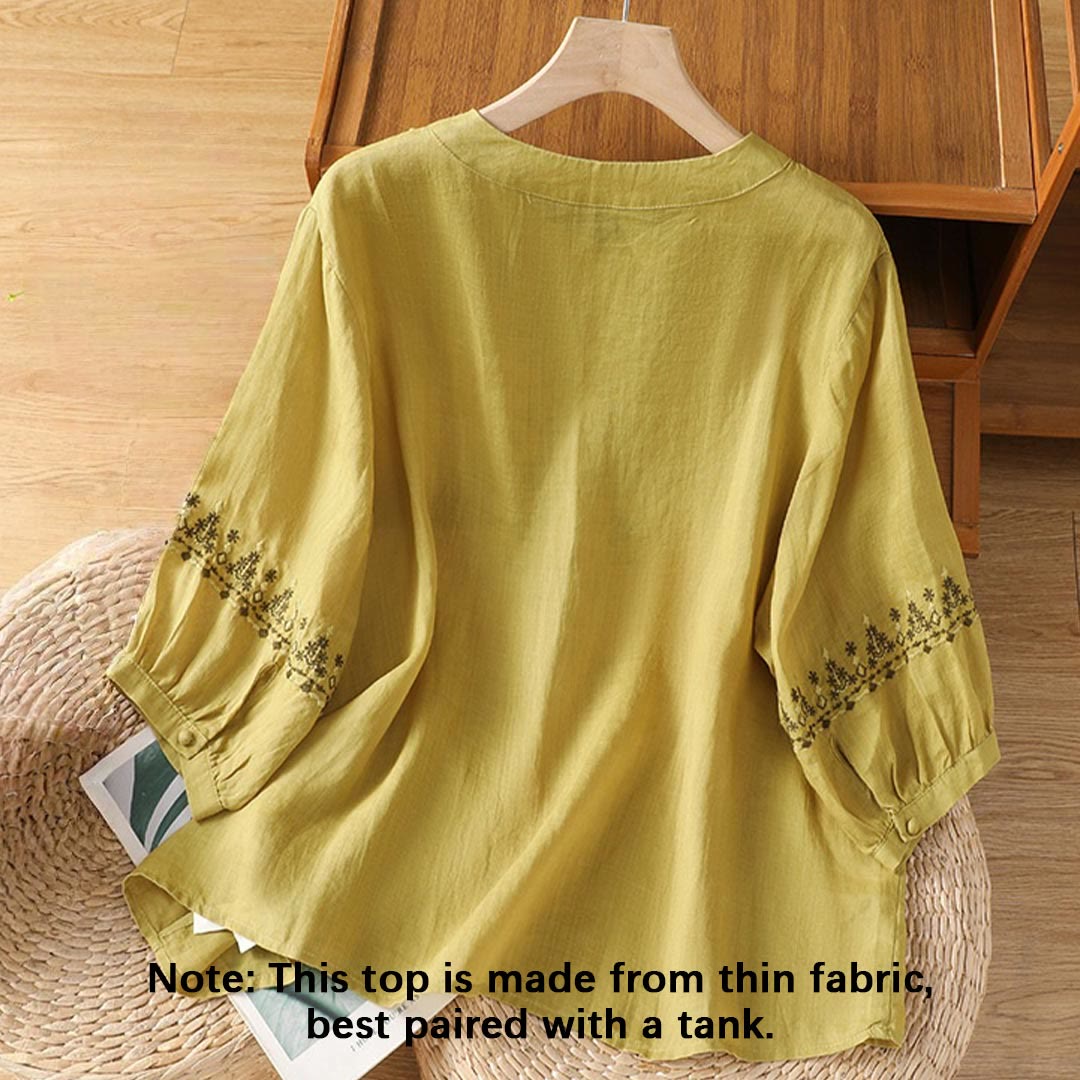 Tactile Cotton Embroidered Crew Neck Meditation Shirt