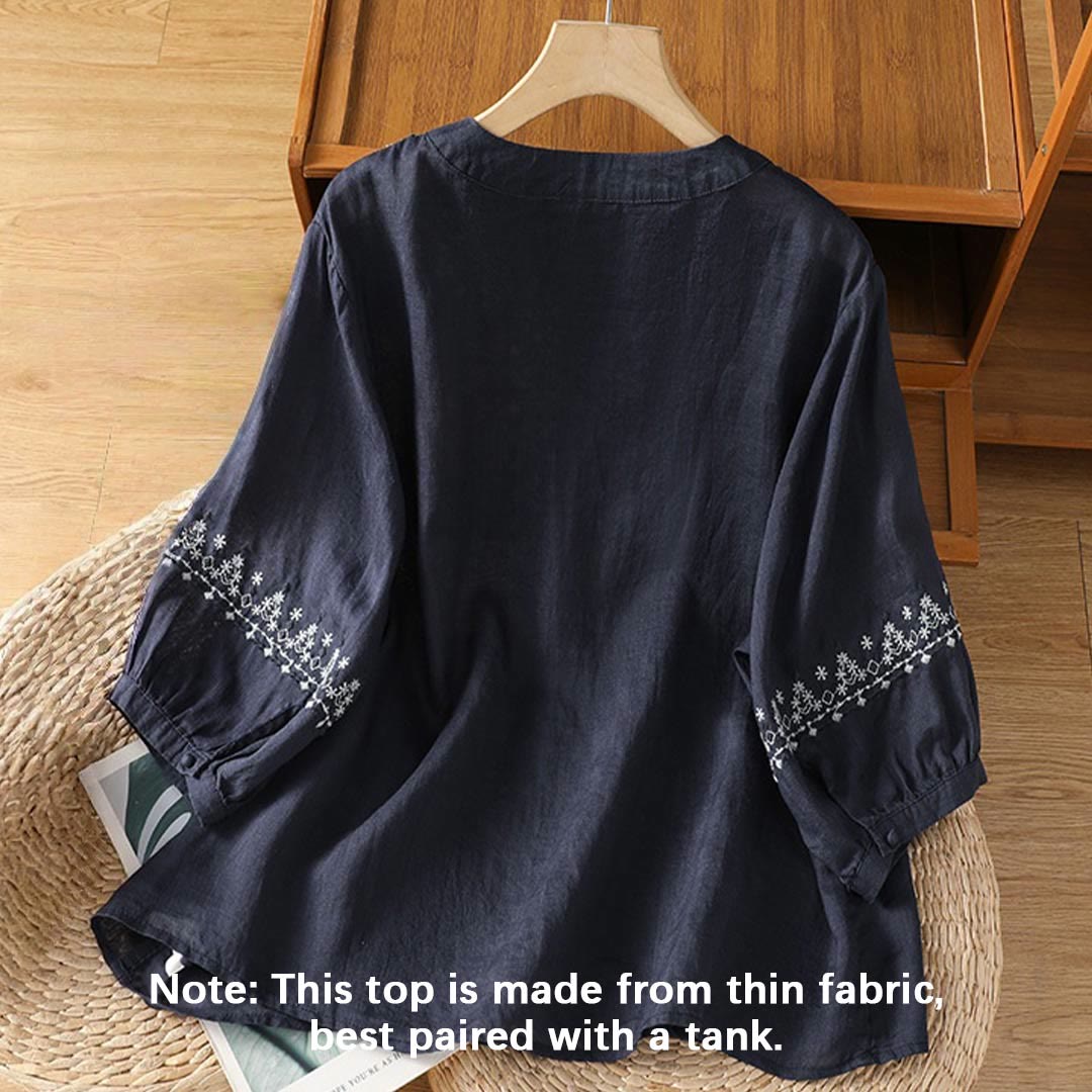 Tactile Cotton Embroidered Crew Neck Meditation Shirt