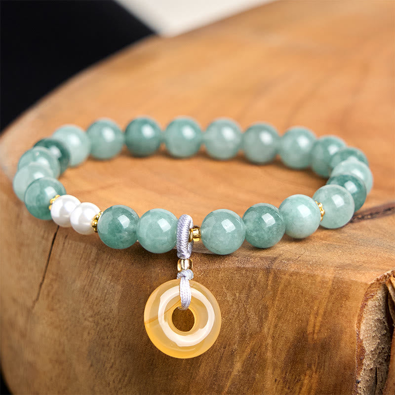 Blue Jade and Pearl Beaded Bracelet with Ping An Kou Peace Buckle