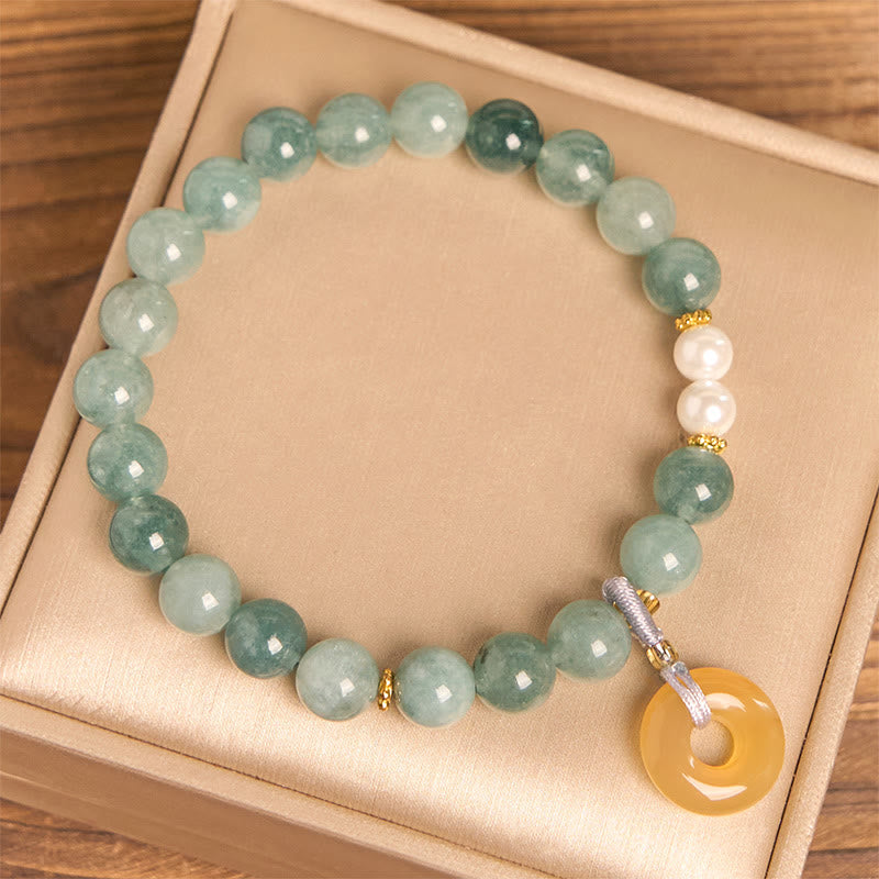 Blue Jade and Pearl Beaded Bracelet with Ping An Kou Peace Buckle