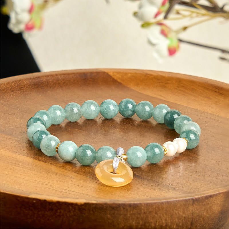 Blue Jade and Pearl Beaded Bracelet with Ping An Kou Peace Buckle