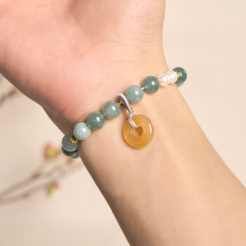 Blue Jade and Pearl Beaded Bracelet with Ping An Kou Peace Buckle