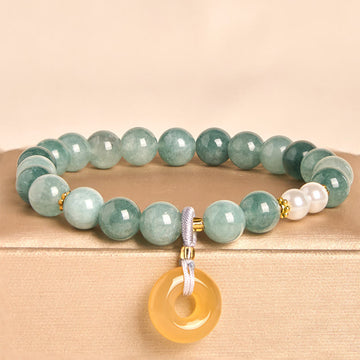 Blue Jade and Pearl Beaded Bracelet with Ping An Kou Peace Buckle