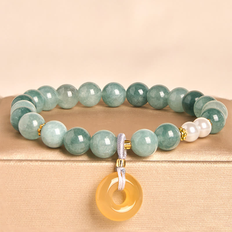 Blue Jade and Pearl Beaded Bracelet with Ping An Kou Peace Buckle