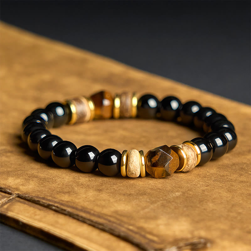 Sectional Black Obsidian & Tiger Eye Beads Bracelet for Energetic Clearing