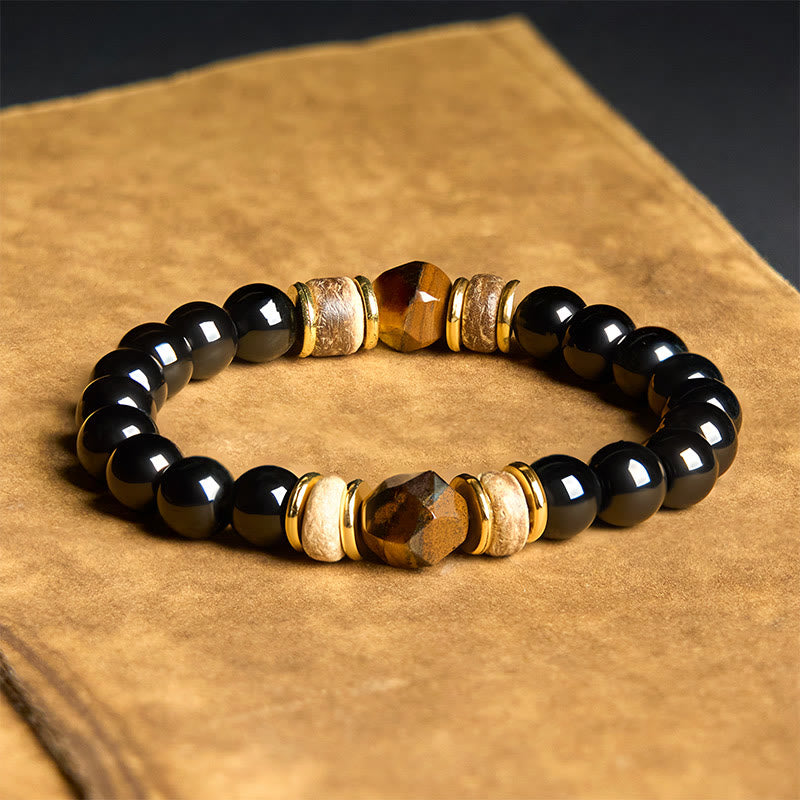 Sectional Black Obsidian & Tiger Eye Beads Bracelet for Energetic Clearing